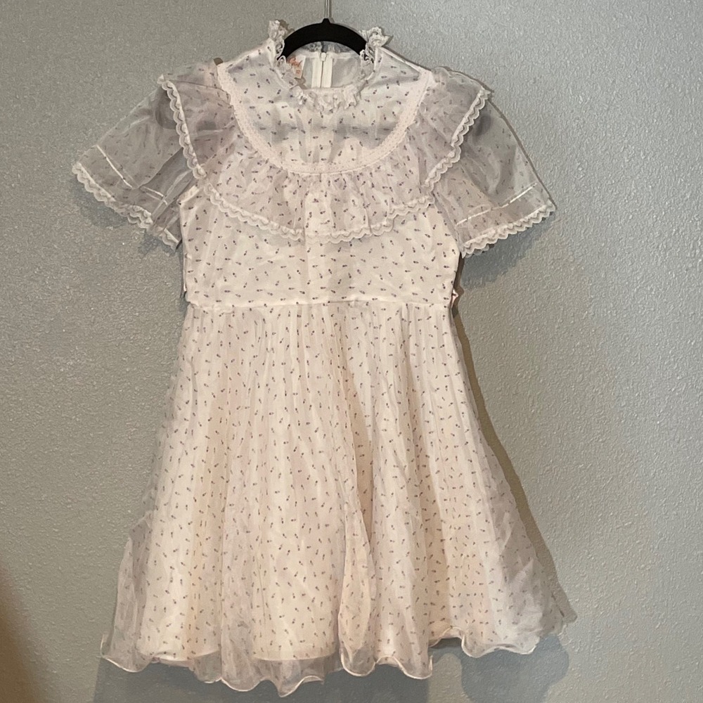 Vintage 70s/80s Merry Girl White Tulle Purple Floral Dress Girls Sz 12 ILGW USA
